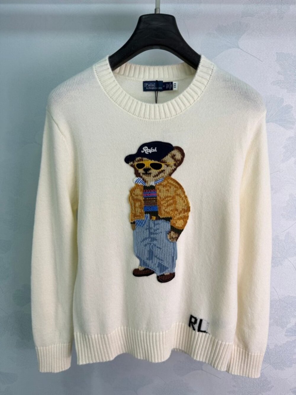 Polo Ralph Lauren Cream Crewneck Polo Bear Knit Pullover Sweater RL Embroidery